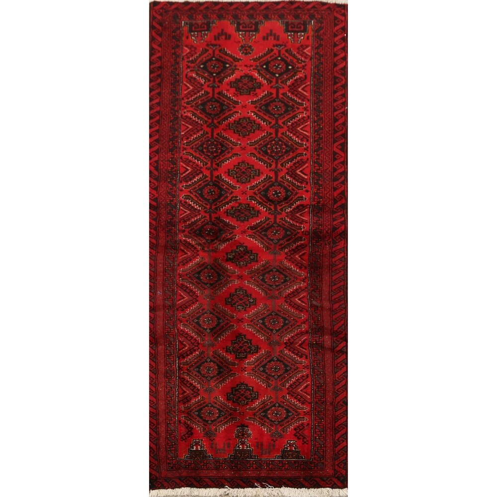 Red Geometric Balouch Oriental Narrow Runner Rug Hand-Knotted Carpet - 2'0" x 6'0"