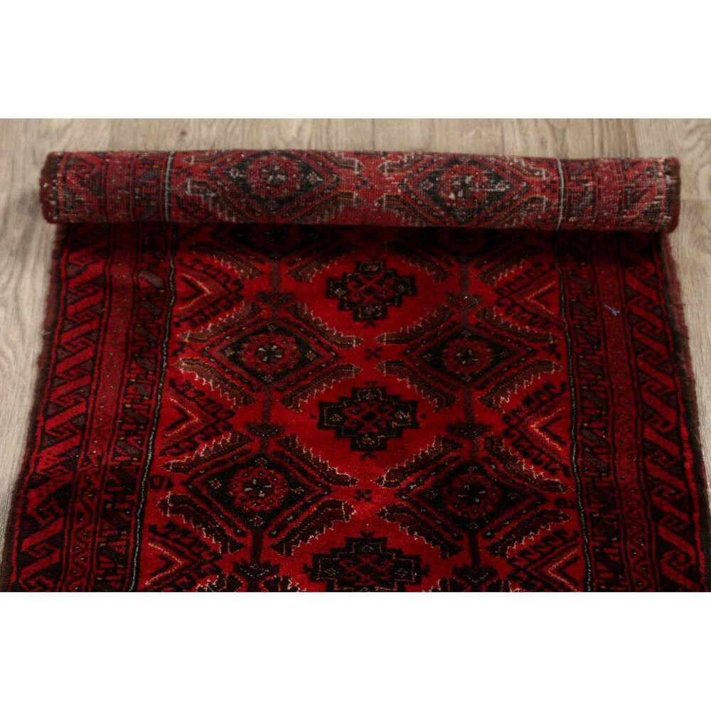 Red Geometric Balouch Oriental Narrow Runner Rug Hand-Knotted Carpet - 2'0" x 6'0"