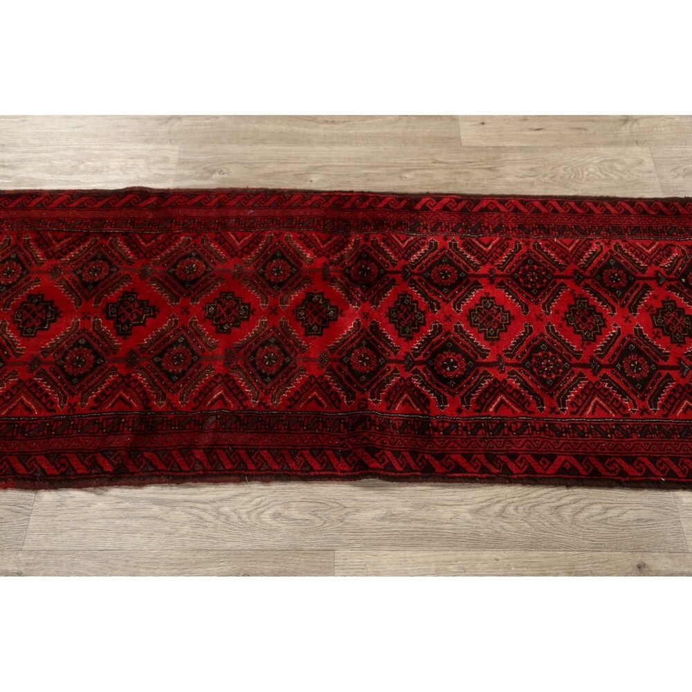 Red Geometric Balouch Oriental Narrow Runner Rug Hand-Knotted Carpet - 2'0" x 6'0"