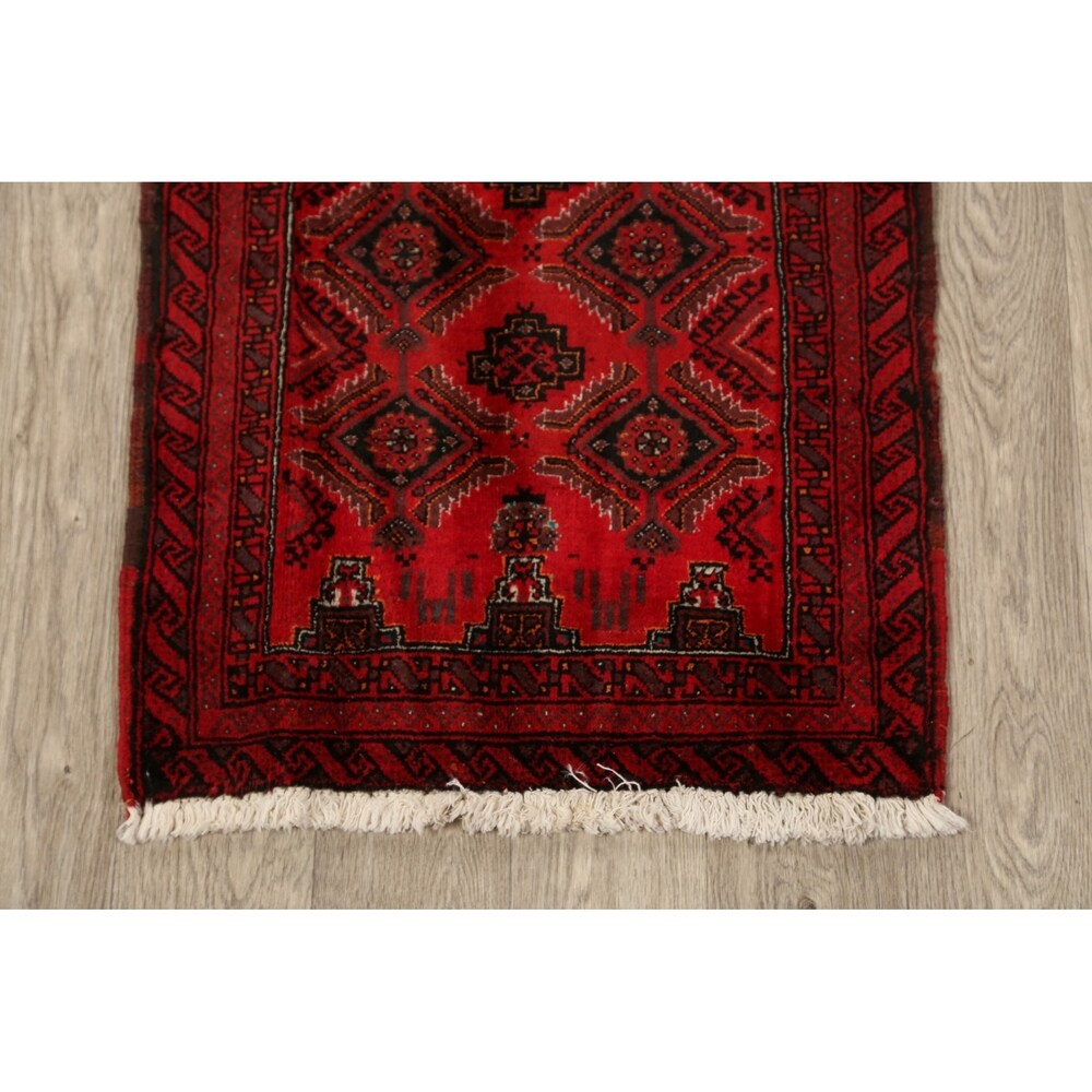 Red Geometric Balouch Oriental Narrow Runner Rug Hand-Knotted Carpet - 2'0" x 6'0"