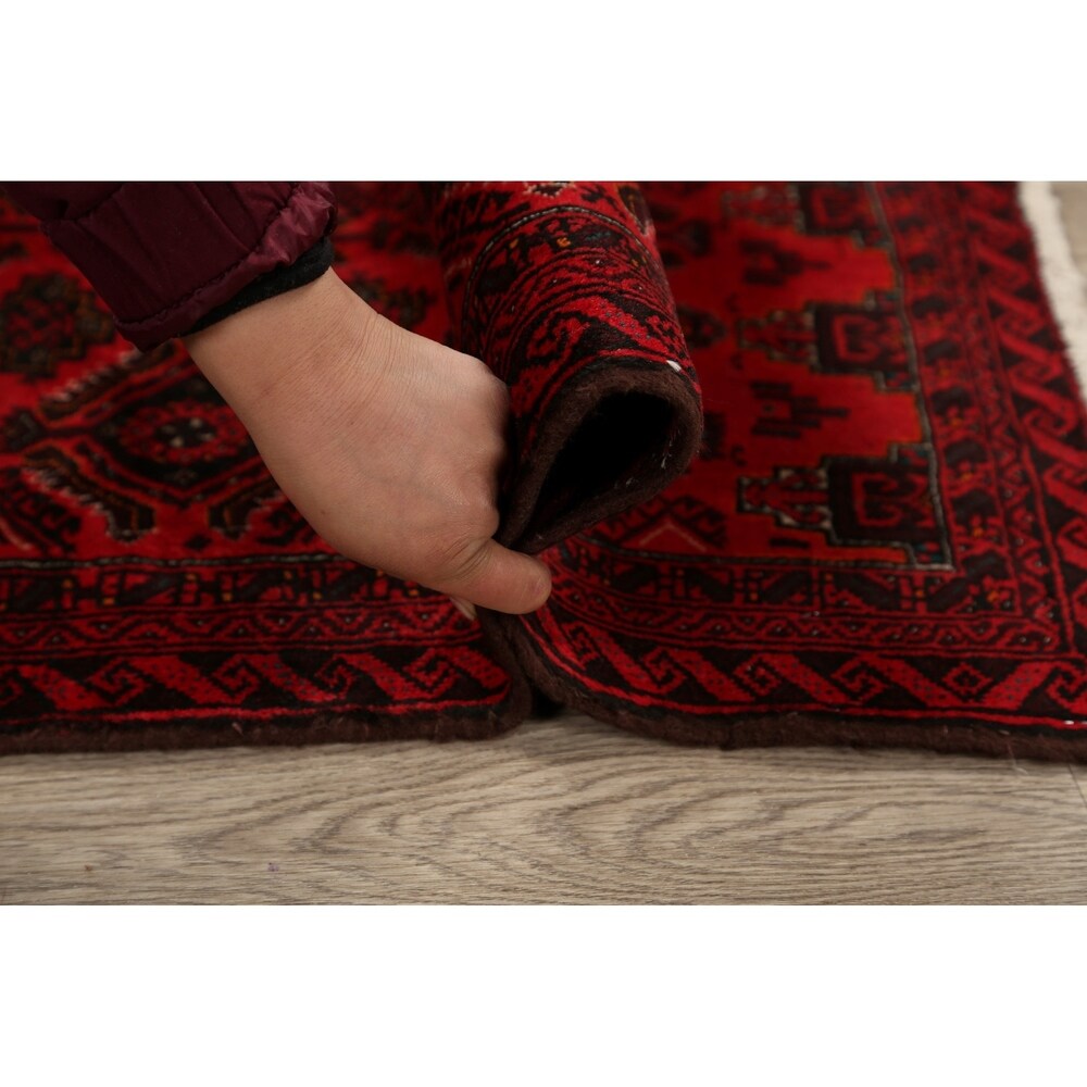 Red Geometric Balouch Oriental Narrow Runner Rug Hand-Knotted Carpet - 2'0" x 6'0"