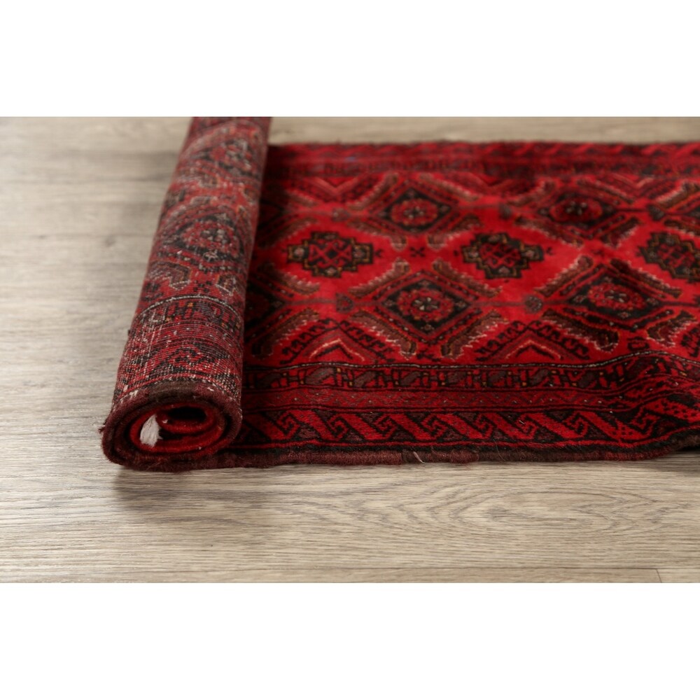 Red Geometric Balouch Oriental Narrow Runner Rug Hand-Knotted Carpet - 2'0" x 6'0"