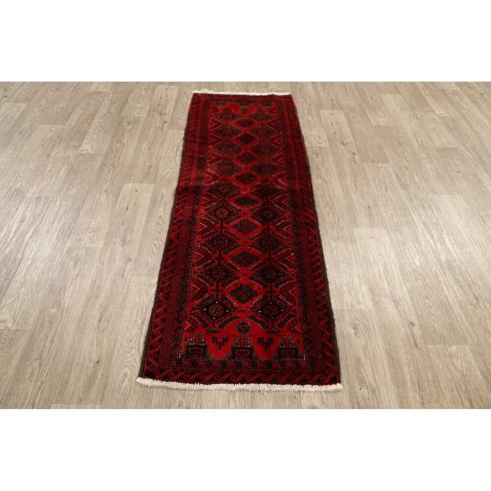 Red Geometric Balouch Oriental Narrow Runner Rug Hand-Knotted Carpet - 2'0" x 6'0"