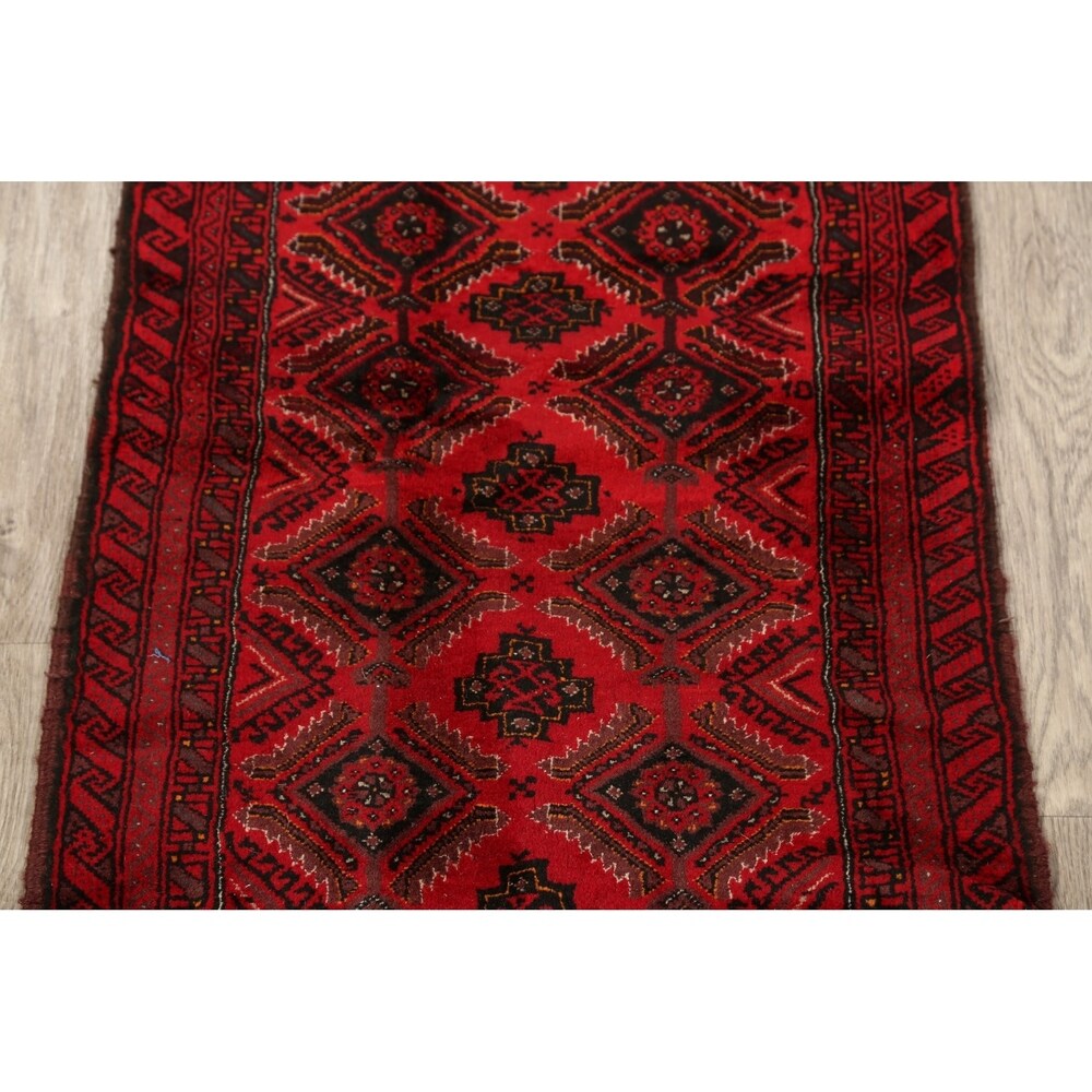 Red Geometric Balouch Oriental Narrow Runner Rug Hand-Knotted Carpet - 2'0" x 6'0"