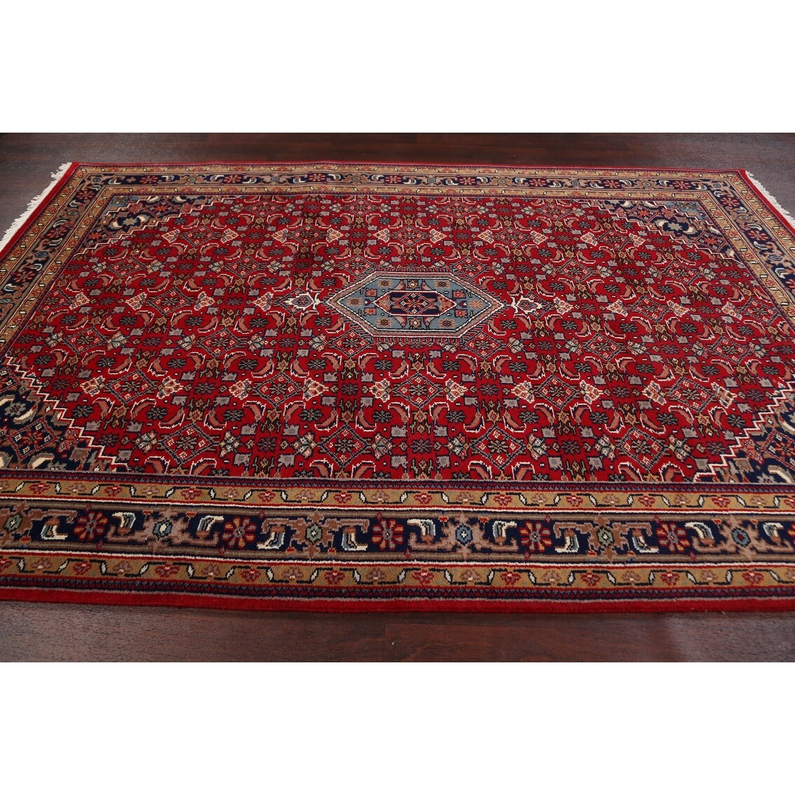 Red Geometric Kashan Oriental Area Rug Wool Hand-knotted Carpet - 6'7" x 9'7"