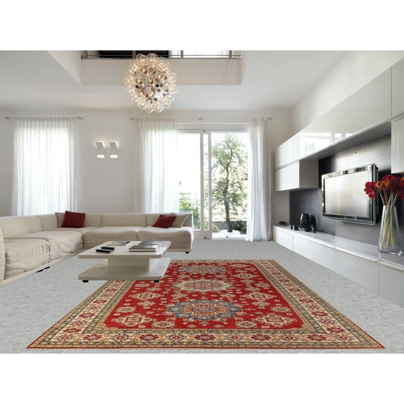 Red Geometric Kazak Oriental Large Rug Hand-Knotted Wool Carpet - 9'9" x 15'10"