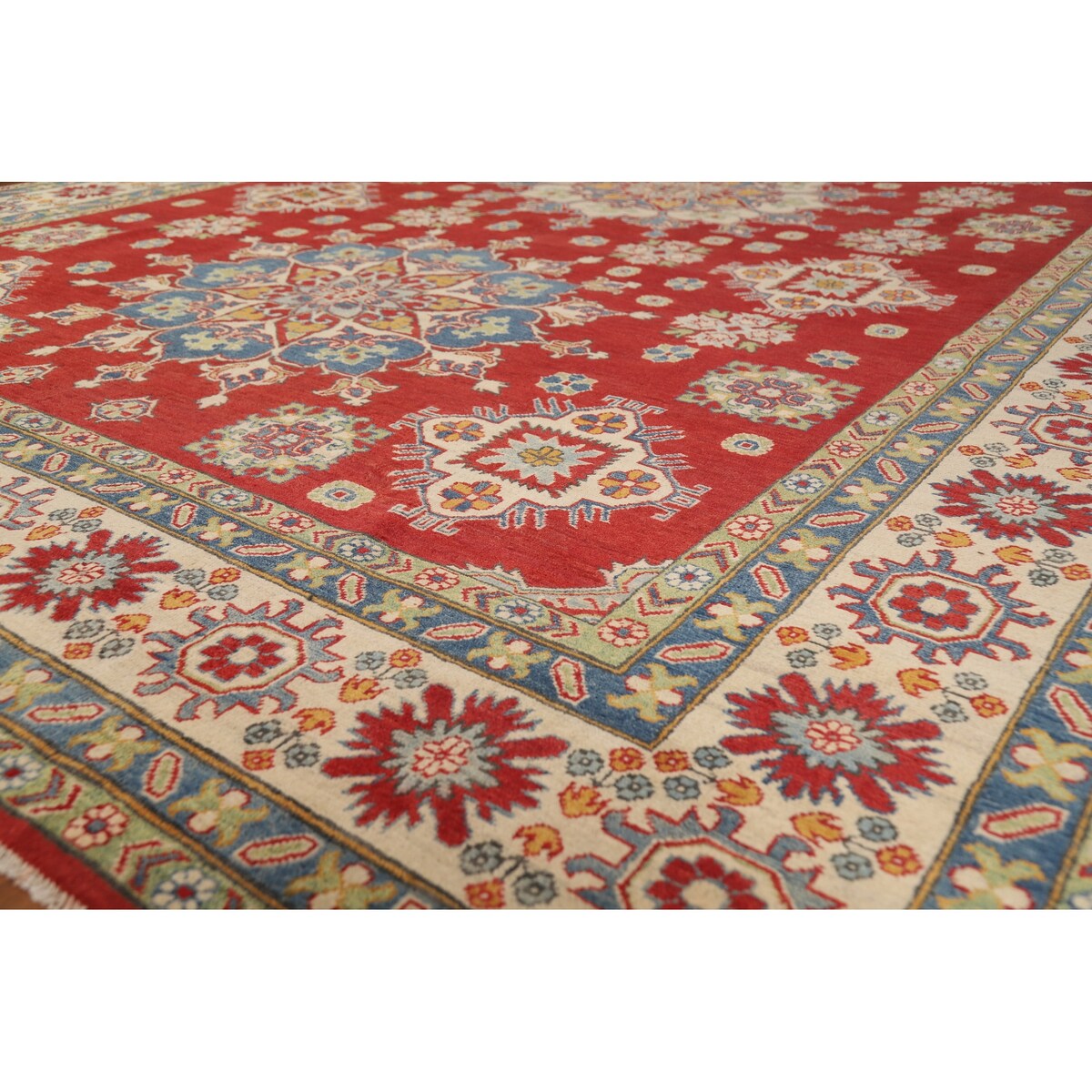 Red Geometric Kazak Oriental Large Rug Hand-Knotted Wool Carpet - 9'9" x 15'10"