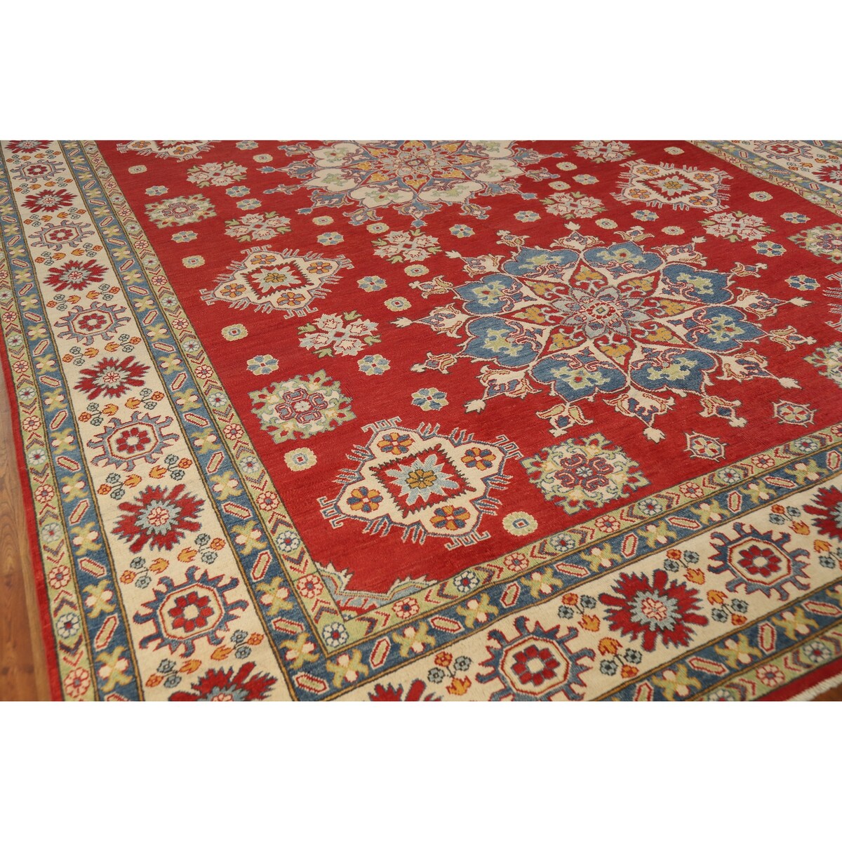 Red Geometric Kazak Oriental Large Rug Hand-Knotted Wool Carpet - 9'9" x 15'10"