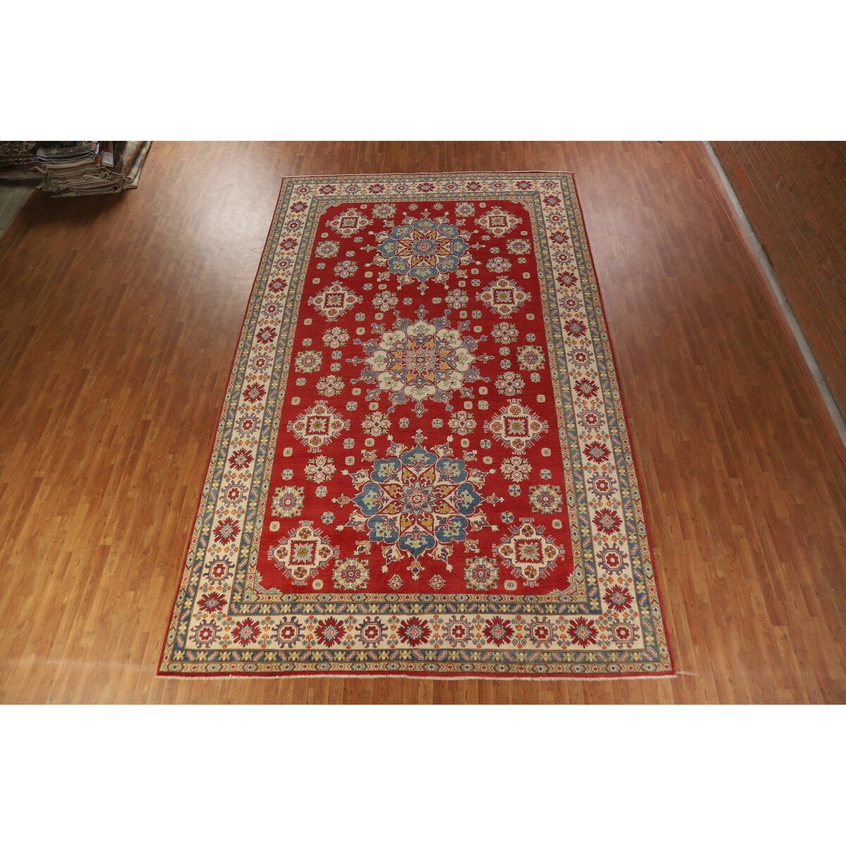 Red Geometric Kazak Oriental Large Rug Hand-Knotted Wool Carpet - 9'9" x 15'10"