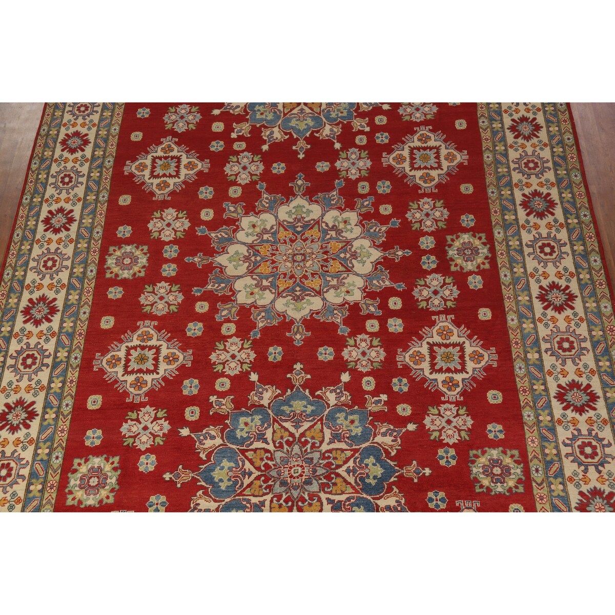 Red Geometric Kazak Oriental Large Rug Hand-Knotted Wool Carpet - 9'9" x 15'10"