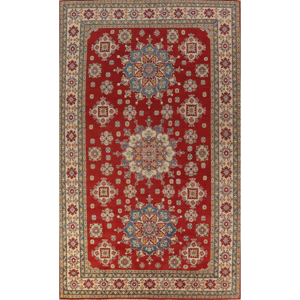 Red Geometric Kazak Oriental Large Rug Hand-Knotted Wool Carpet - 9'9" x 15'10"