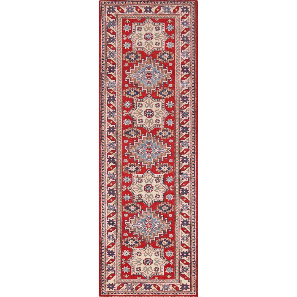 Red Geometric Kazak Oriental Runner Rug Hand-Knotted Wool Carpet - 2'8