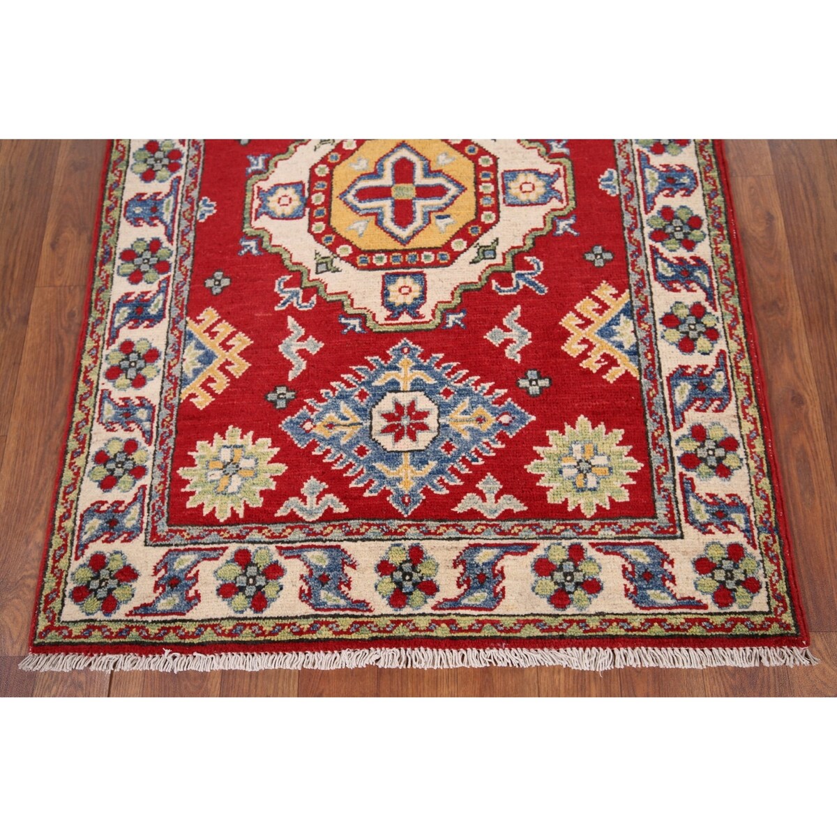 Red Geometric Kazak Pakistan Accent Rug Handmade Wool Carpet - 2'9" x 3'9"