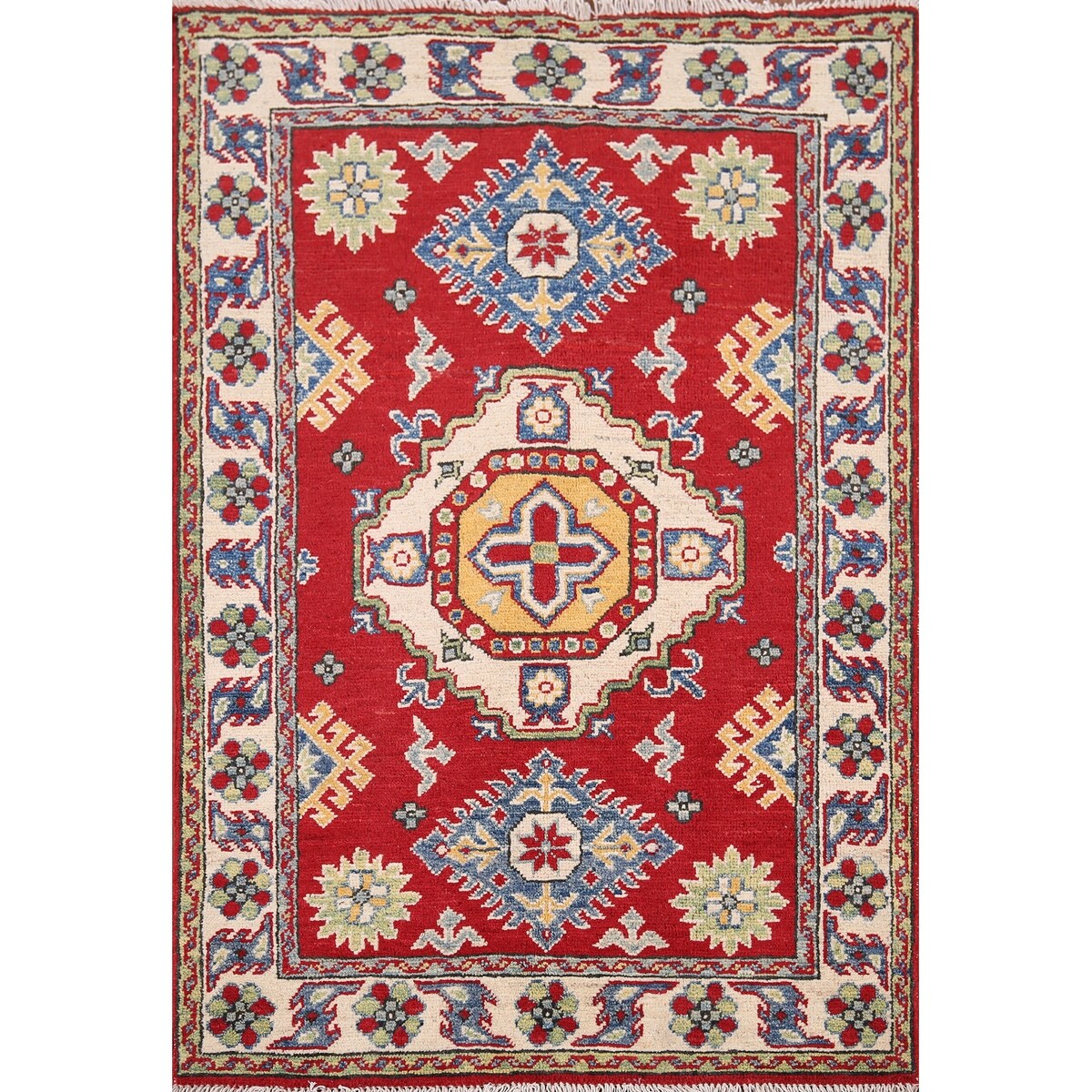 Red Geometric Kazak Pakistan Accent Rug Handmade Wool Carpet - 2'9" x