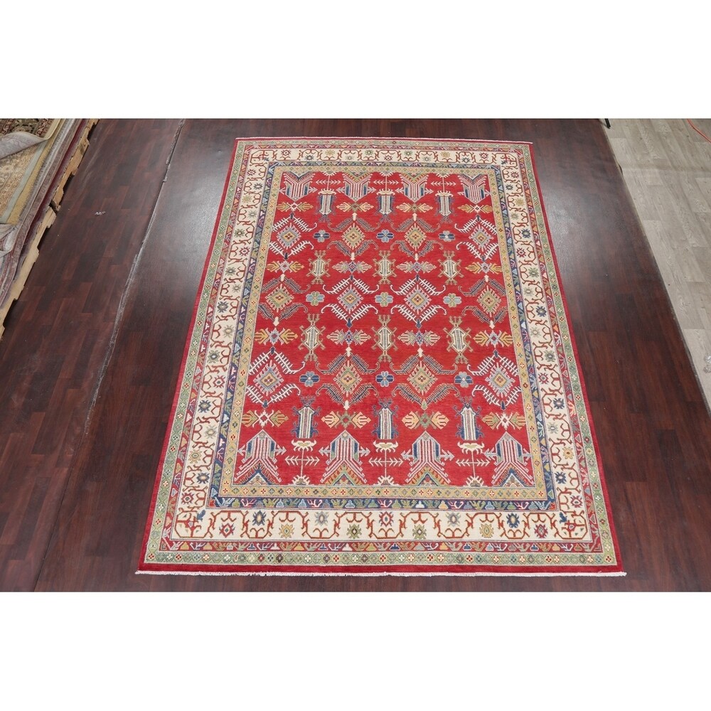 Red Geometric Super Kazak Oriental Area Rug Wool Handmade - 8'2" x 11'3"