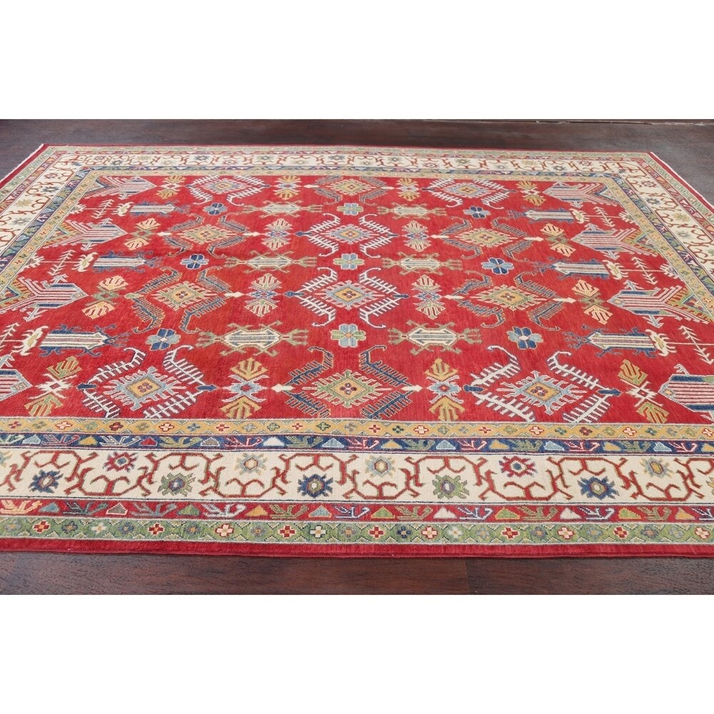 Red Geometric Super Kazak Oriental Area Rug Wool Handmade - 8'2" x 11'3"