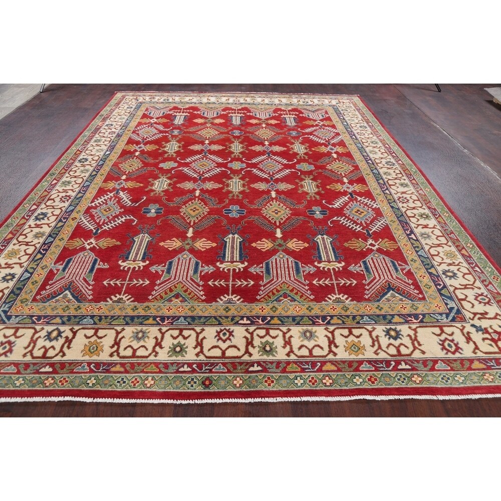 Red Geometric Super Kazak Oriental Area Rug Wool Handmade - 8'2" x 11'3"