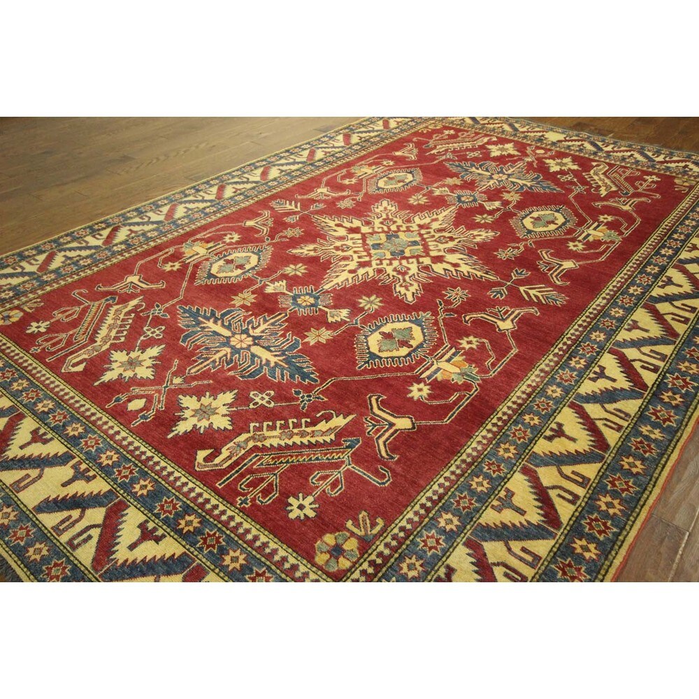 Red/Ivory Geometric Super Kazak Hand-knotted Wool and Wool Area Rug (8' x 10')