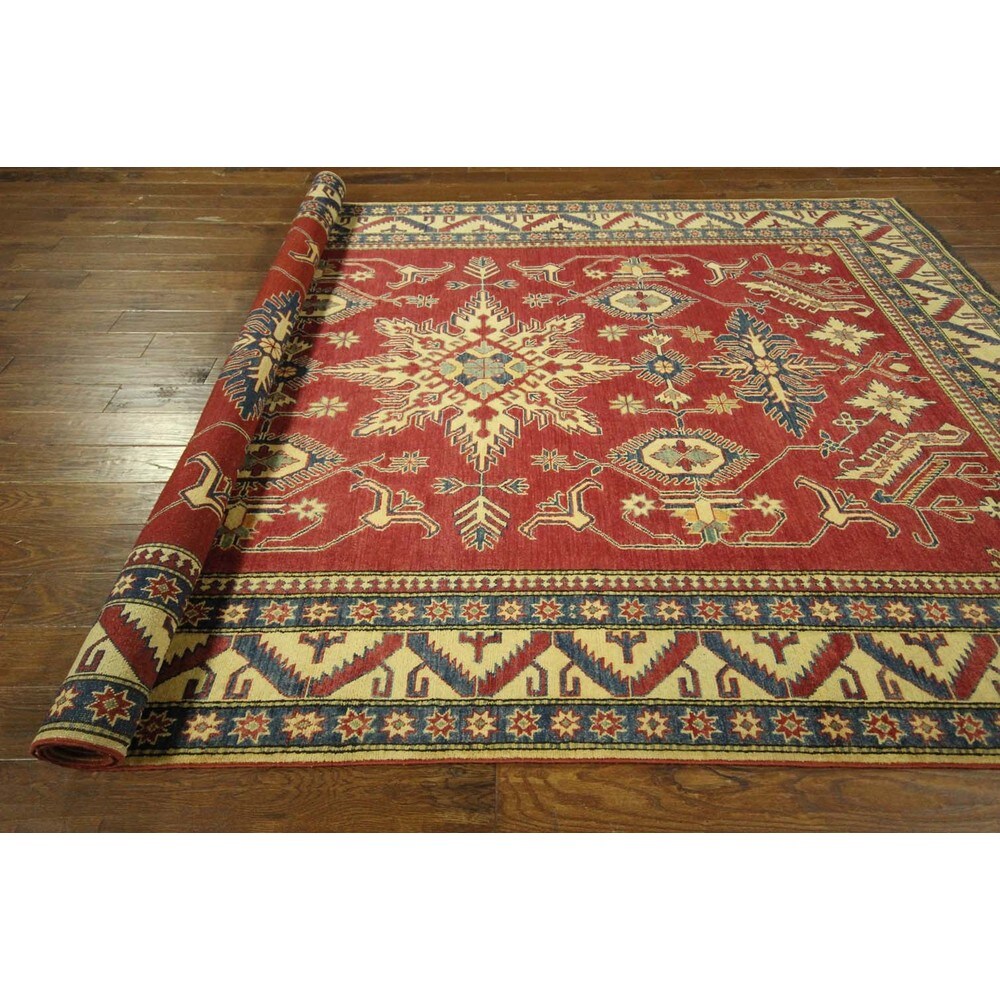 Red/Ivory Geometric Super Kazak Hand-knotted Wool and Wool Area Rug (8' x 10')
