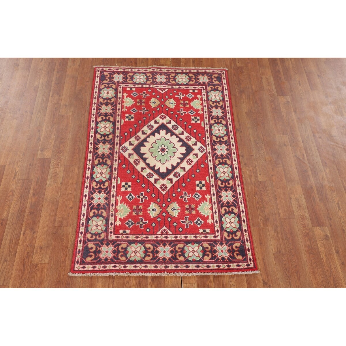 Red Kazak Oriental Accent Rug Handmade Geometric Wool Carpet - 3'1" x 5'0"