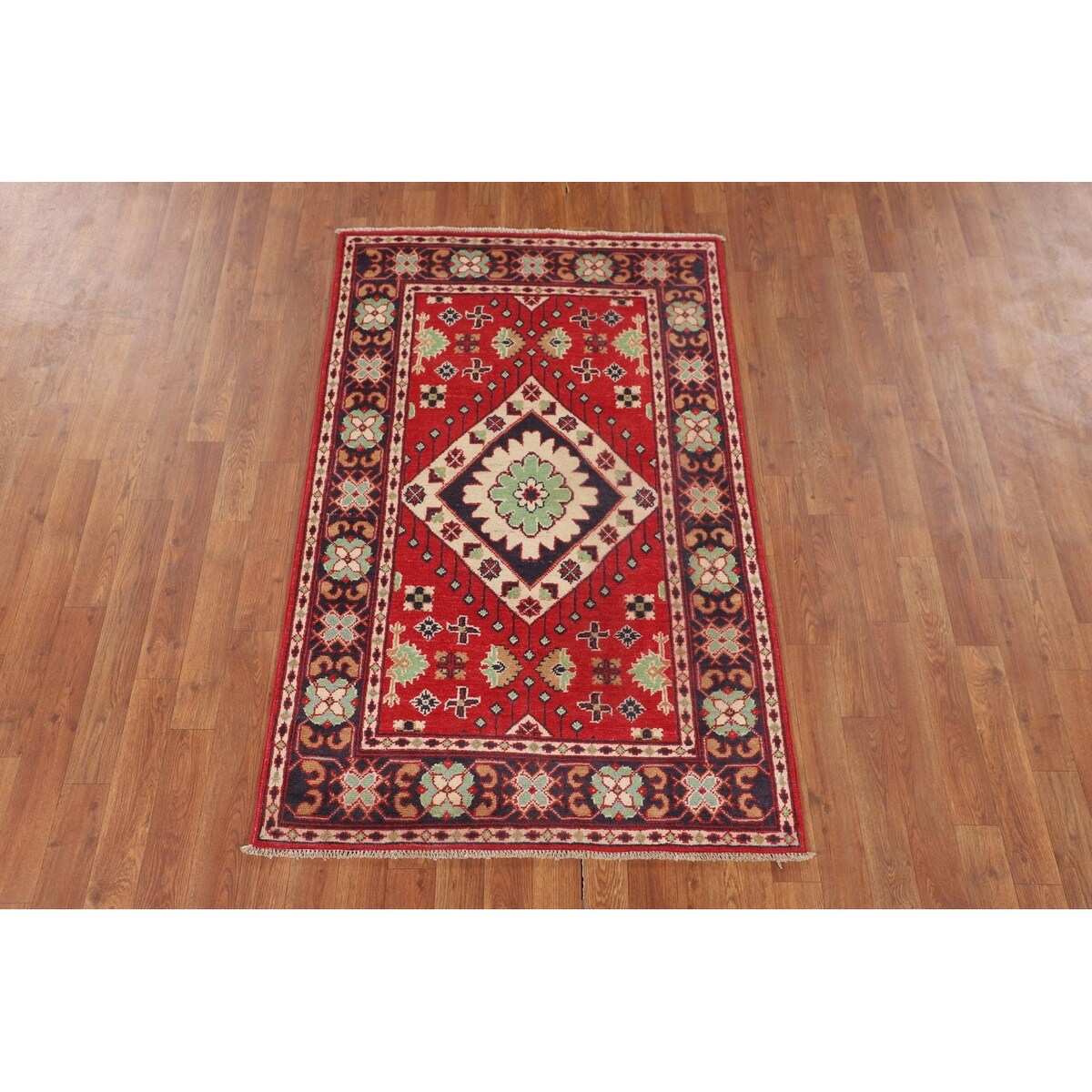 Red Kazak Oriental Accent Rug Handmade Geometric Wool Carpet - 3'1" x 5'0"