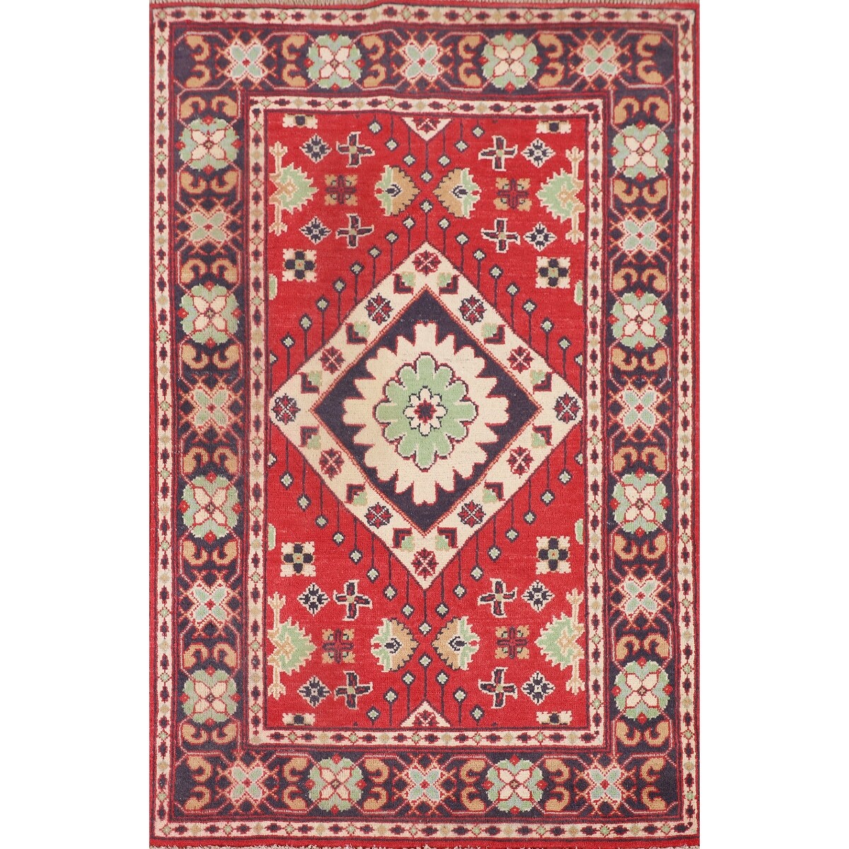 Red Kazak Oriental Accent Rug Handmade Geometric Wool Carpet - 3'1" x 5'0"