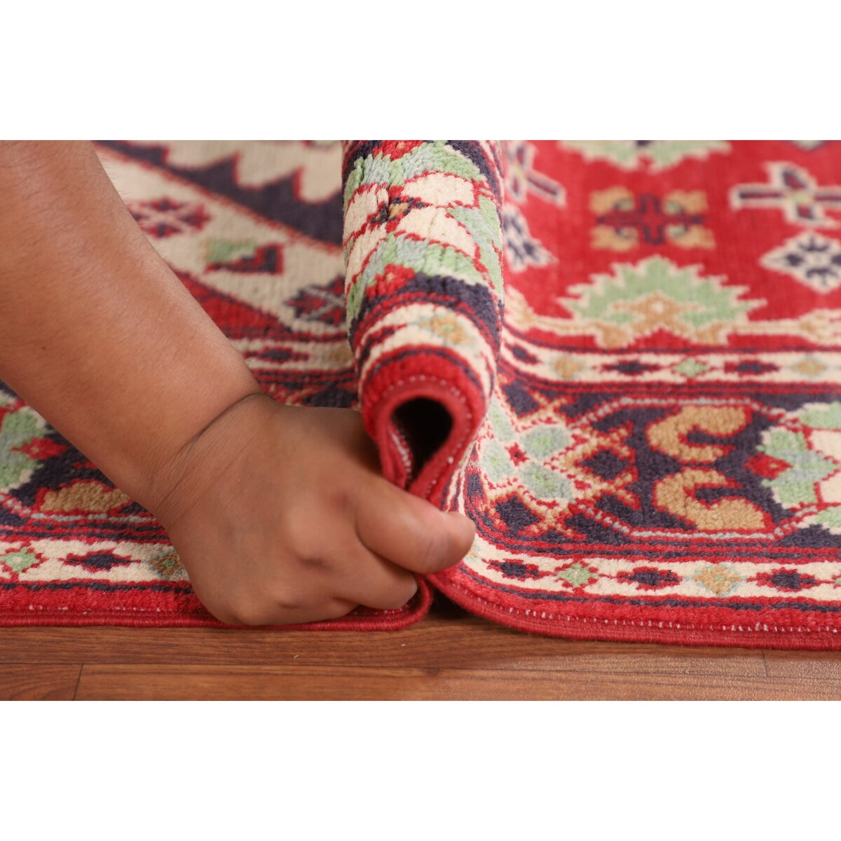 Red Kazak Oriental Accent Rug Handmade Geometric Wool Carpet - 3'1" x 5'0"