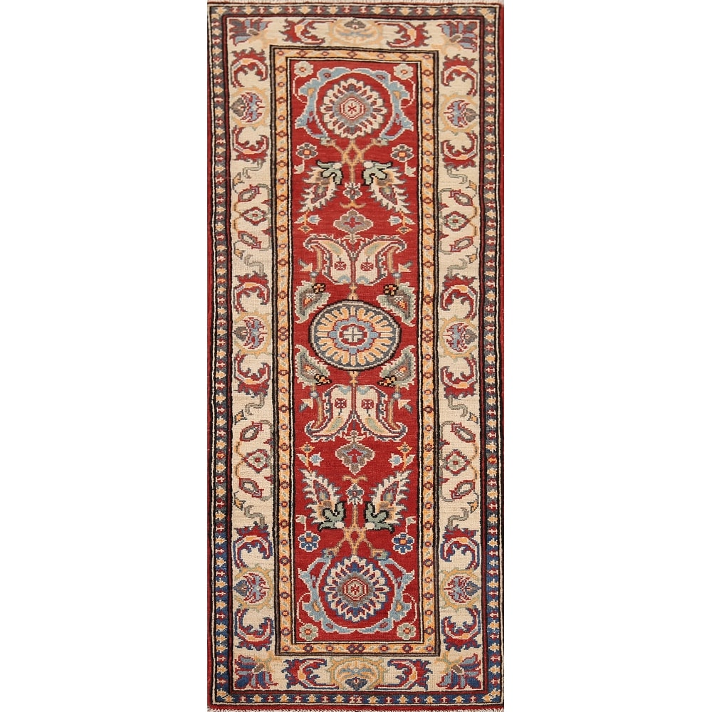 Red Kazak Runner Rug Hand-Knotted Hallway Wool Carpet - 2'1" x 6'1"