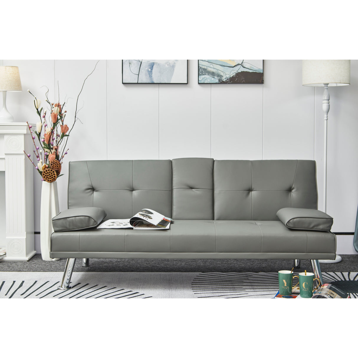 Double Size Grey Leather Multifunctional Folding Sofa Bed