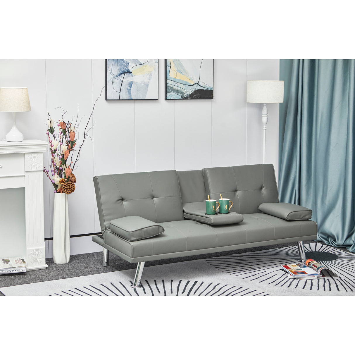 Double Size Grey Leather Multifunctional Folding Sofa Bed