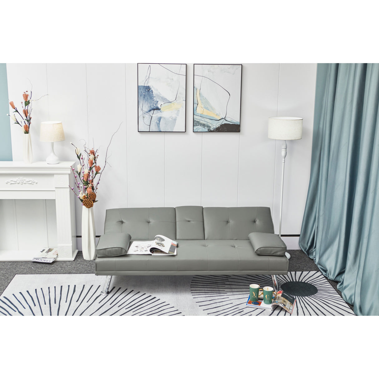 Double Size Grey Leather Multifunctional Folding Sofa Bed