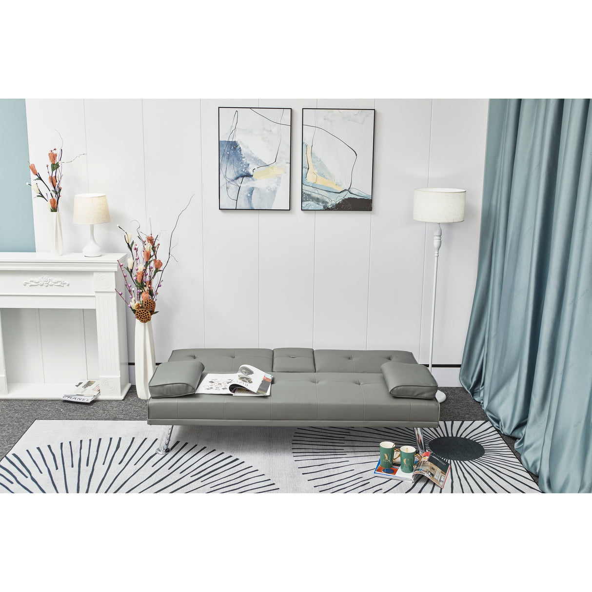 Double Size Grey Leather Multifunctional Folding Sofa Bed