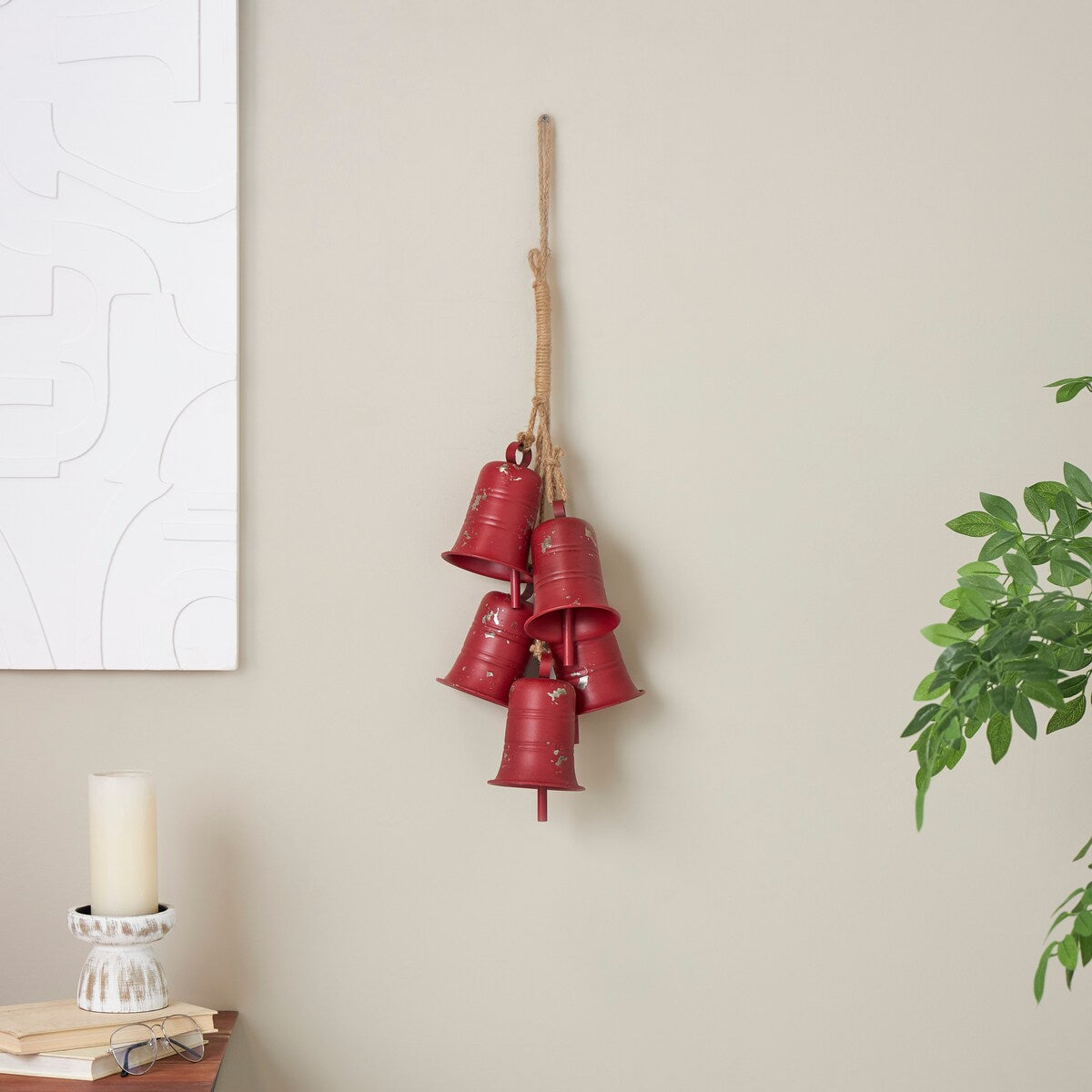 Red Metal Distressed Cluster Decorative Bells with Jute Hanging Rope