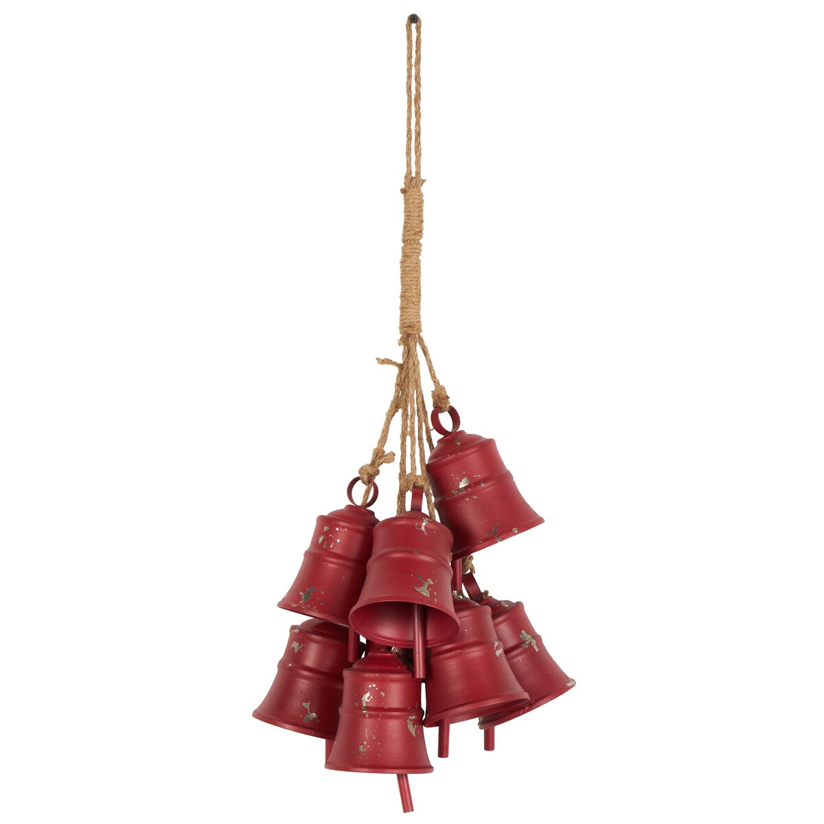 Red Metal Distressed Cluster Decorative Bells with Jute Hanging Rope