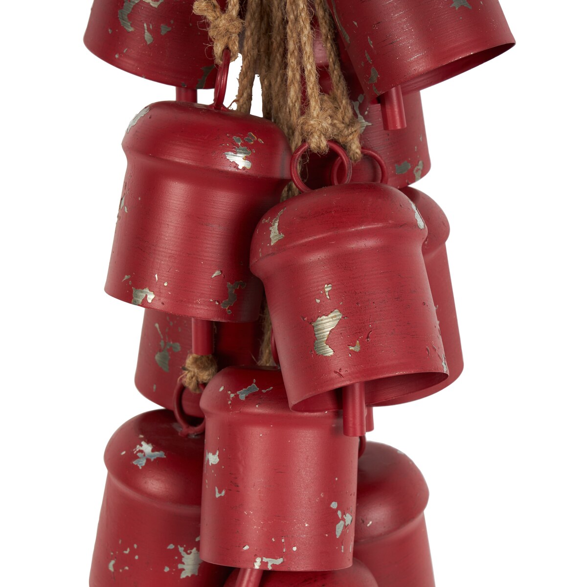 Red Metal Distressed Cluster Decorative Bells with Jute Hanging Rope