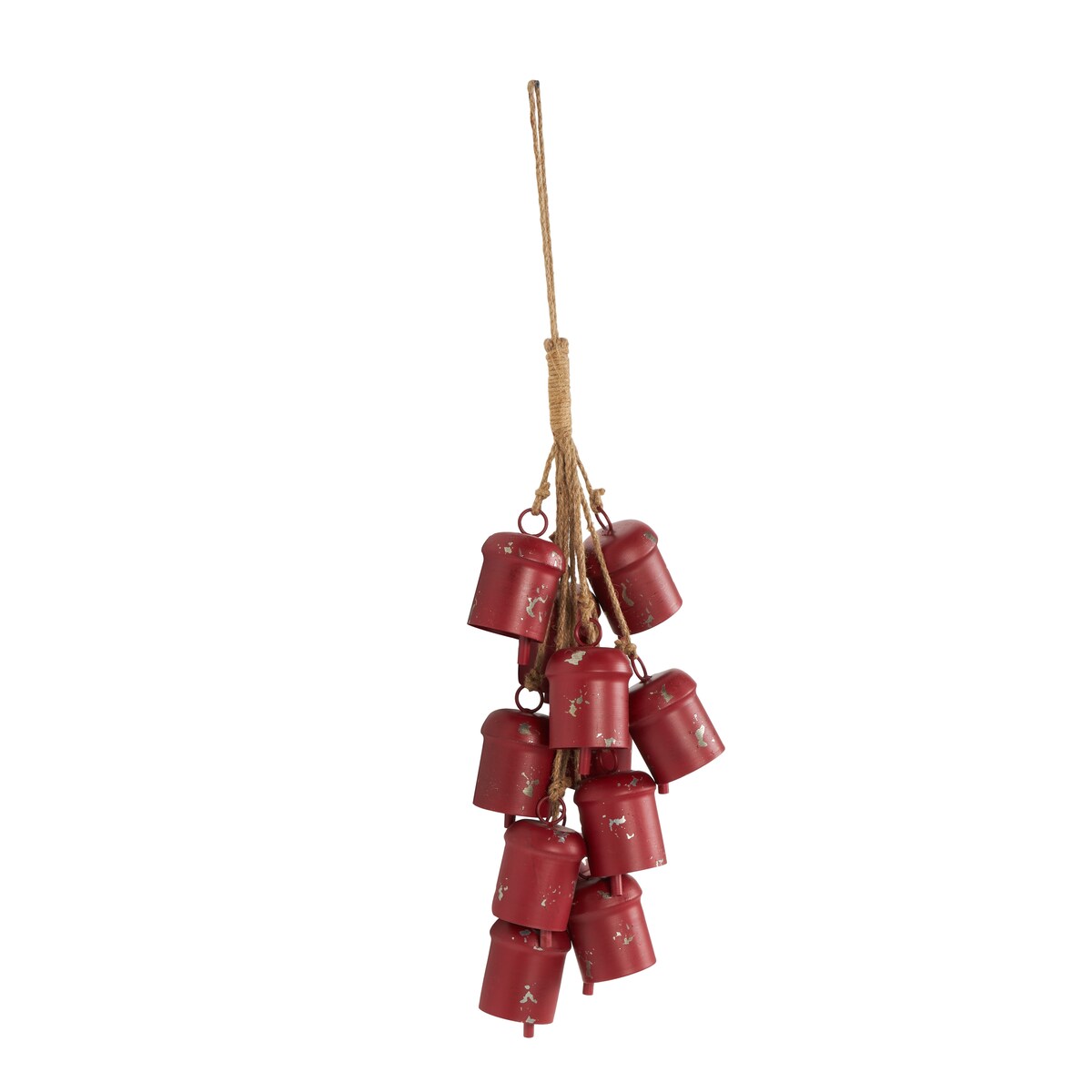 Red Metal Distressed Cluster Decorative Bells with Jute Hanging Rope