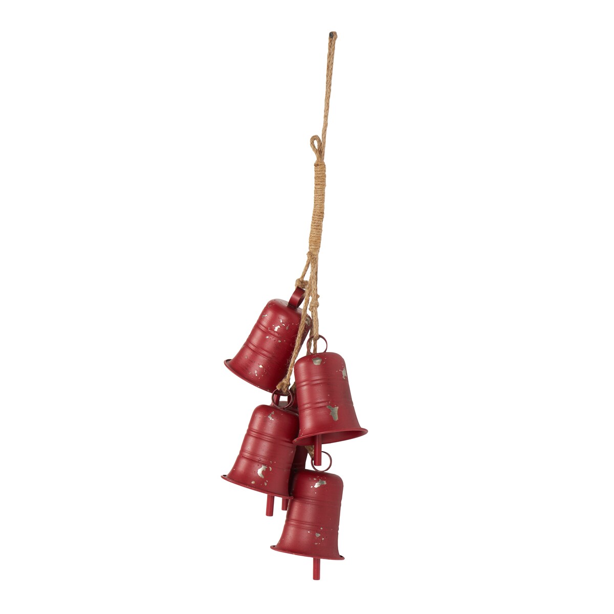 Red Metal Distressed Cluster Decorative Bells with Jute Hanging Rope