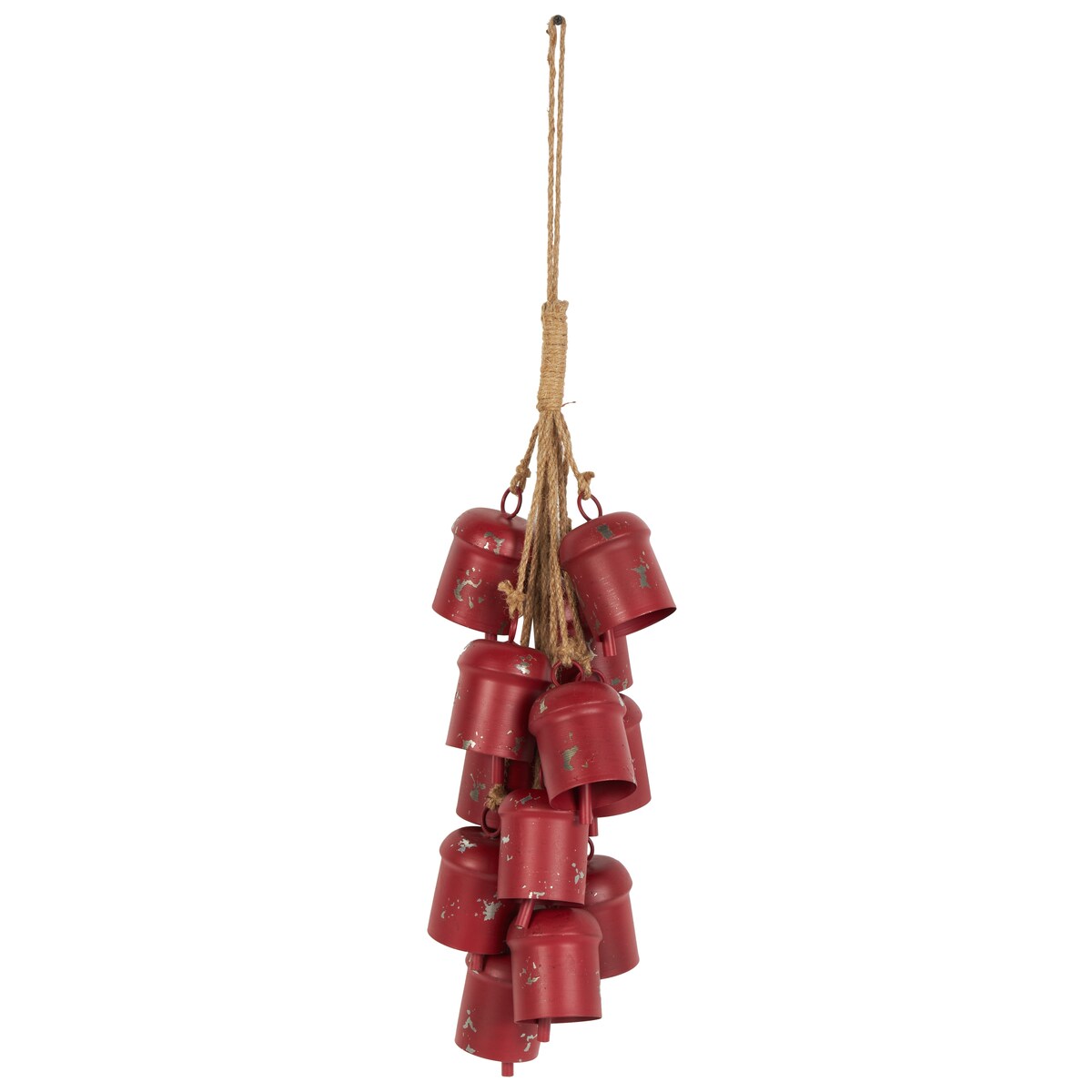 Red Metal Distressed Cluster Decorative Bells with Jute Hanging Rope