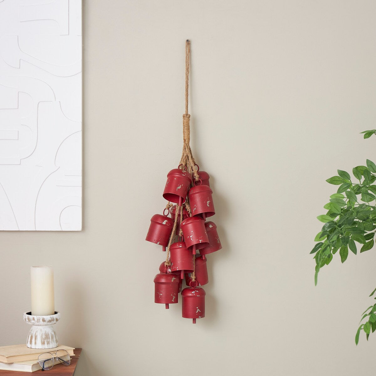 Red Metal Distressed Cluster Decorative Bells with Jute Hanging Rope