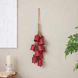 Red Metal Distressed Cluster Decorative Bells with Jute Hanging Rope