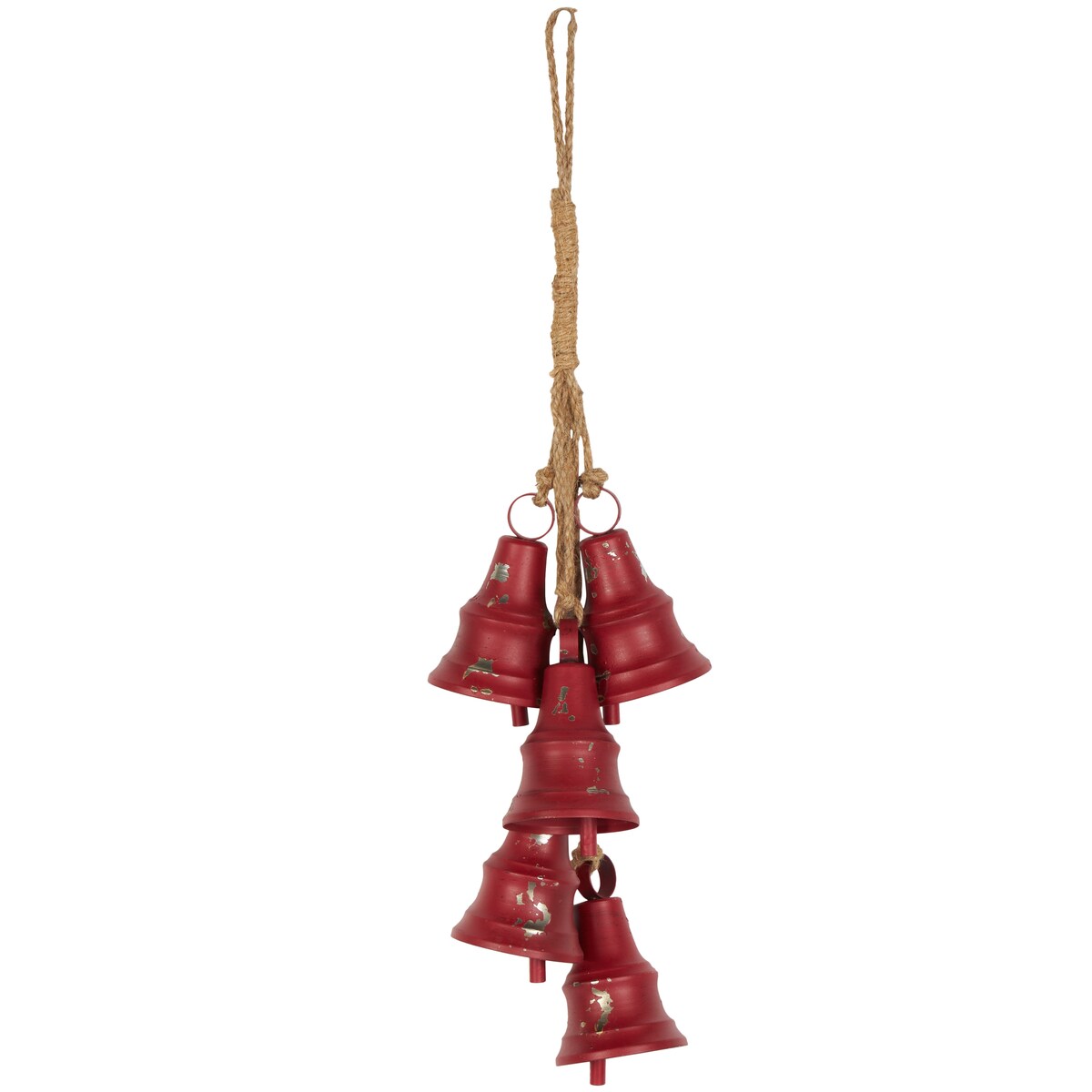 Red Metal Distressed Cluster Decorative Bells with Jute Hanging Rope