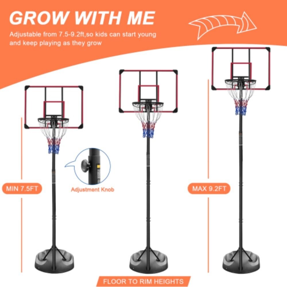 Red Portable Basketball Hoop, Adjustable 7.5ft to 9.2ft with 32 Inch Backboard for Indoor/Outdoor