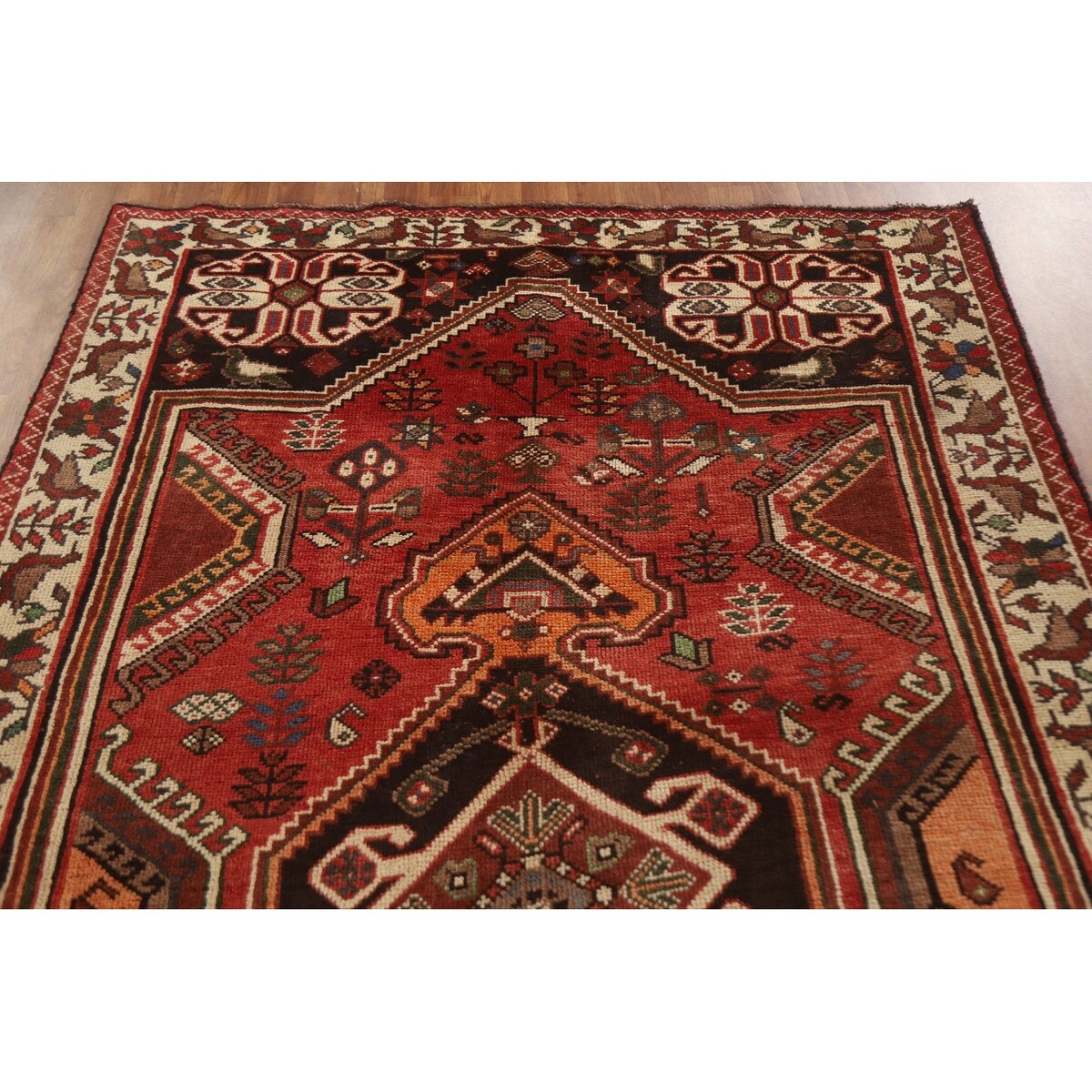 Red Shiraz Persian Vintage Area Rug Hand-Knotted Wool Carpet - 5'1"x 8'5"