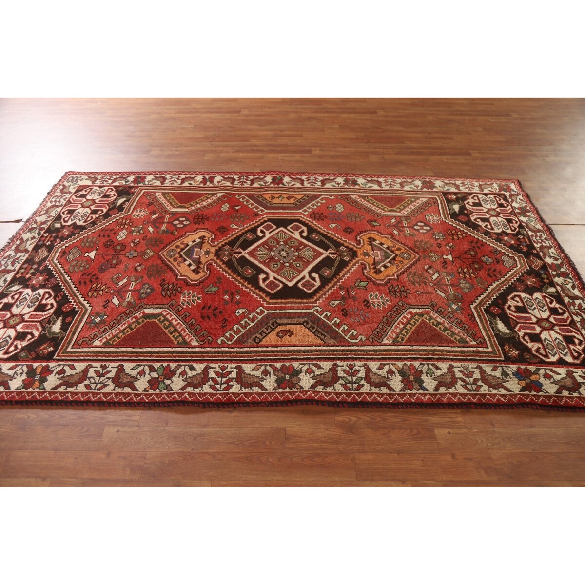 Red Shiraz Persian Vintage Area Rug Hand-Knotted Wool Carpet - 5'1"x 8'5"