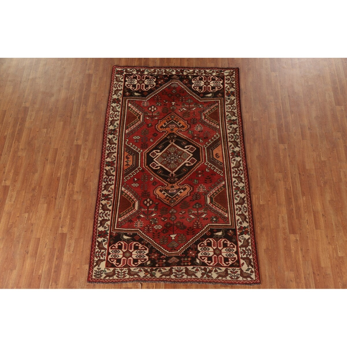 Red Shiraz Persian Vintage Area Rug Hand-Knotted Wool Carpet - 5'1"x 8'5"