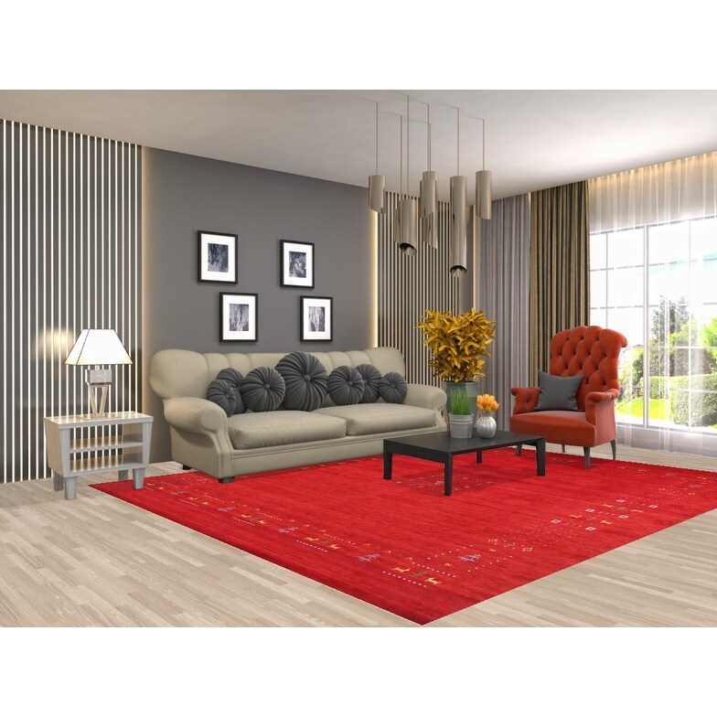 Red Tribal Modern Gabbeh Oriental Area Rug Hand-Knotted Wool Carpet - 8'2" x 9'10"