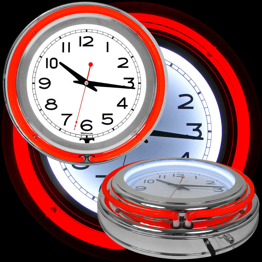 Retro Neon Wall Clock - Battery Operated Wall Clock Vintage - 14 Inch Round Analog by Lavish Home (Red and White)