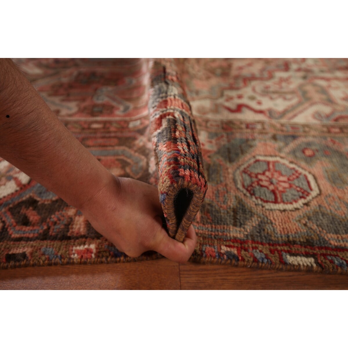 Red & Pink Traditional Heriz Persian Vintage Rug Handmade Wool Carpet - 7'5"x 10'7"