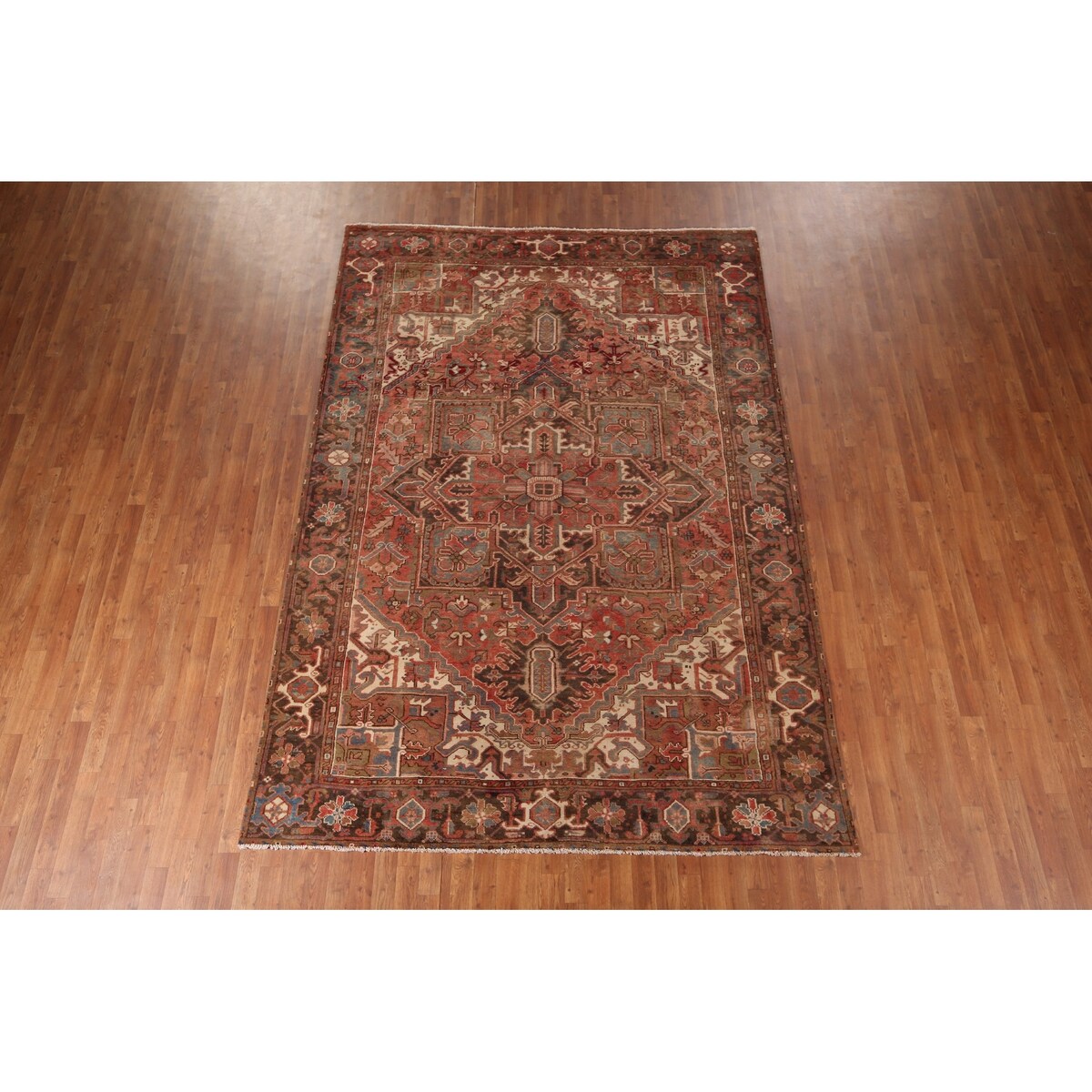 Red & Pink Traditional Heriz Persian Vintage Rug Handmade Wool Carpet - 7'5"x 10'7"