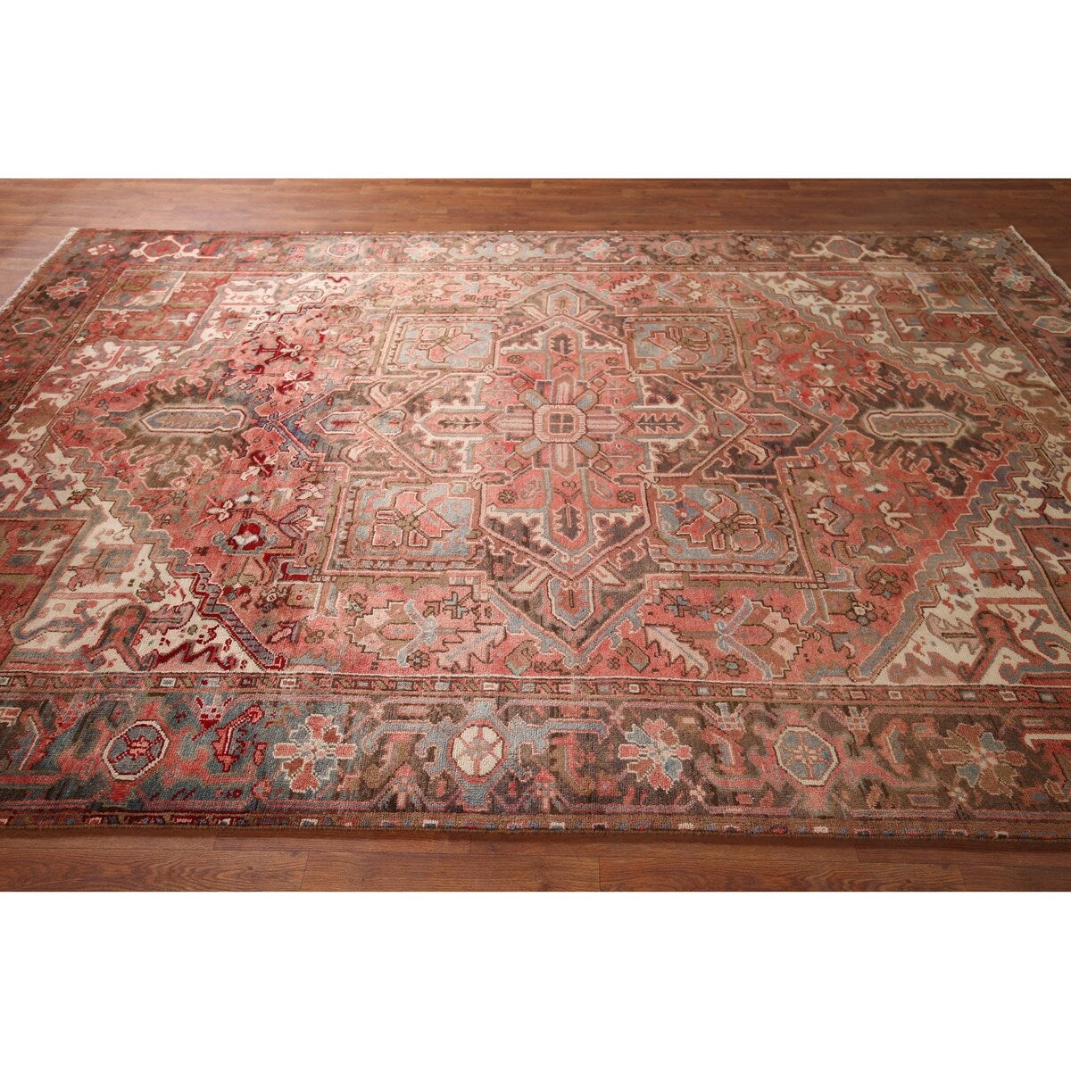 Red & Pink Traditional Heriz Persian Vintage Rug Handmade Wool Carpet - 7'5"x 10'7"